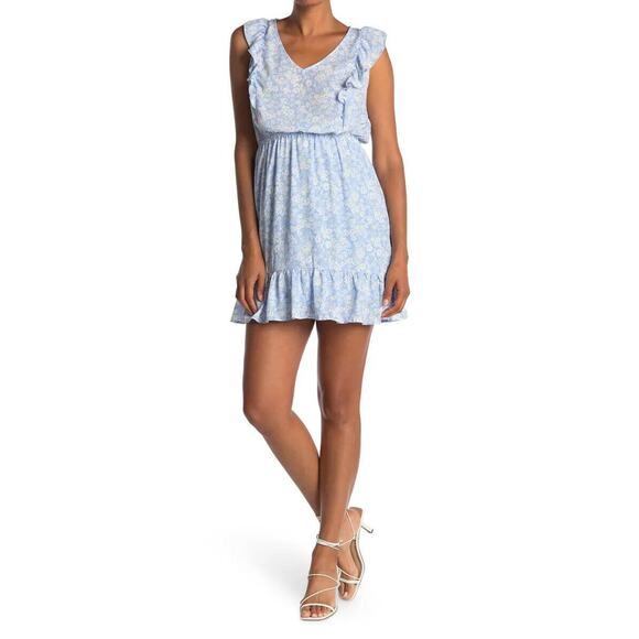 COLLECTIVE CONCEPTS | sz L Women's Blue/White Floral Ruffled Flounce Mini Dress - Picture 2 of 7